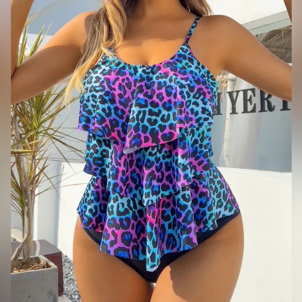 Leopard Print Ruffle High Cut Tankini Set - Picture 6 of 8